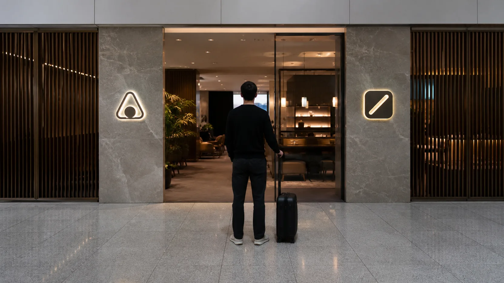 Viajante diante de uma sala VIP em aeroporto avaliando o benefício do cartão