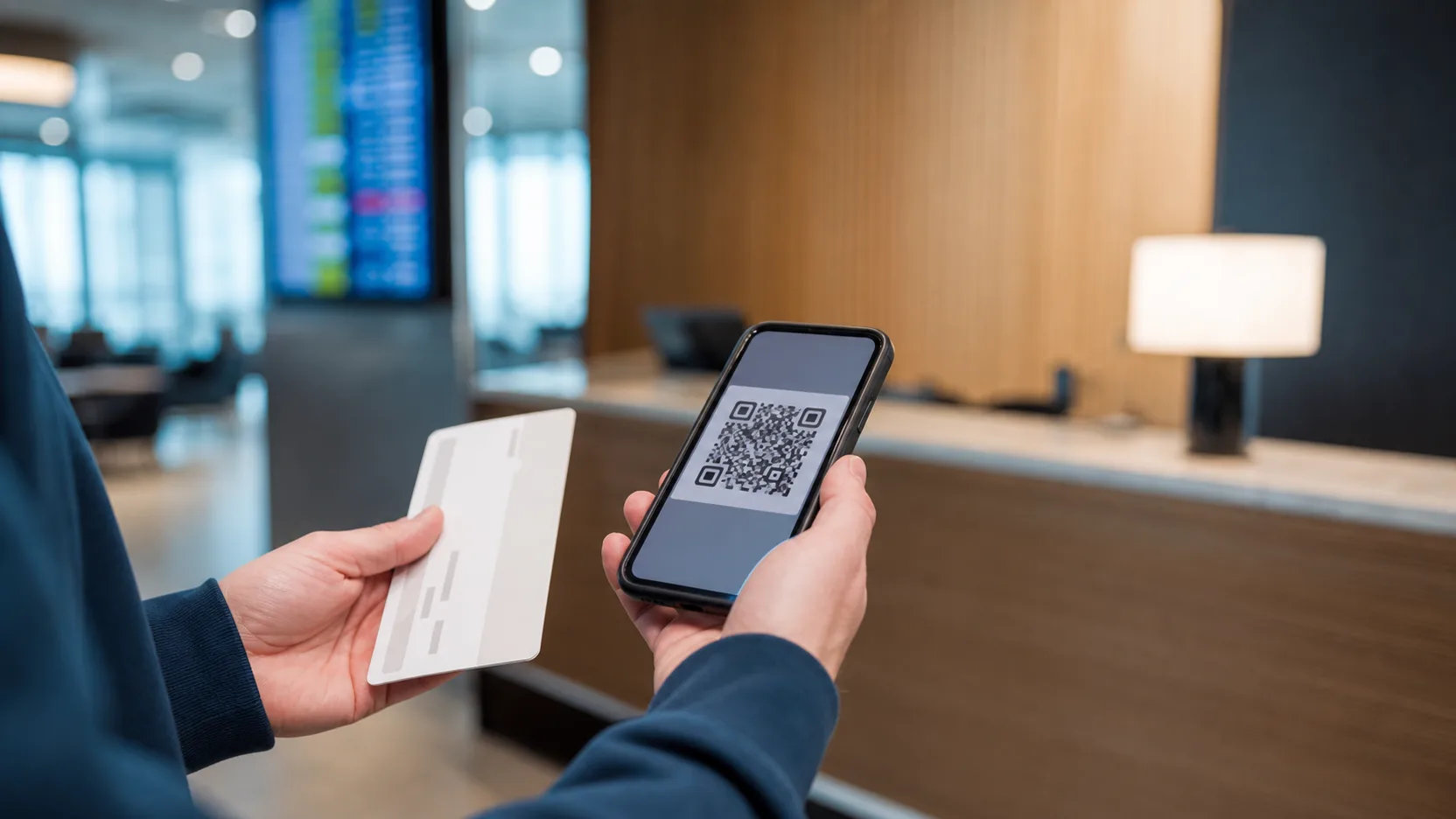Viajante apresenta QR Code no celular para acessar uma sala VIP de aeroporto
