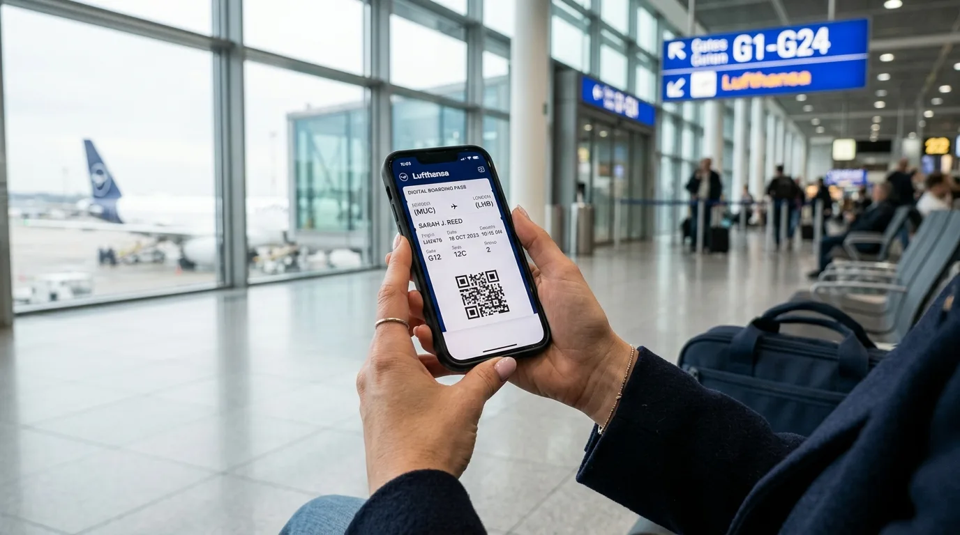 Passageiro segurando celular com QR code gerado no aeroporto
