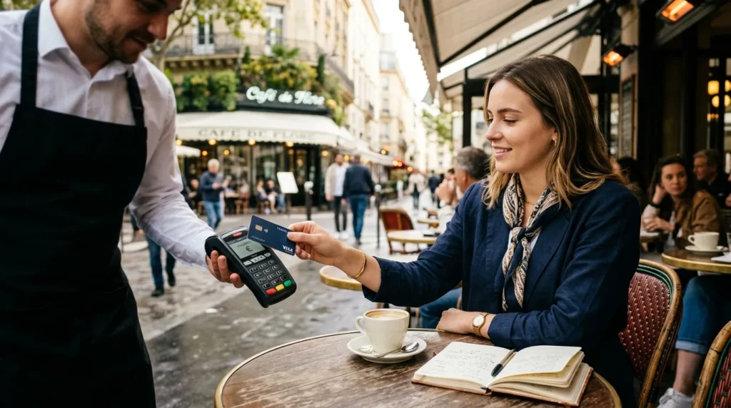 Viajante usando cartão global para pagar compras no exterior