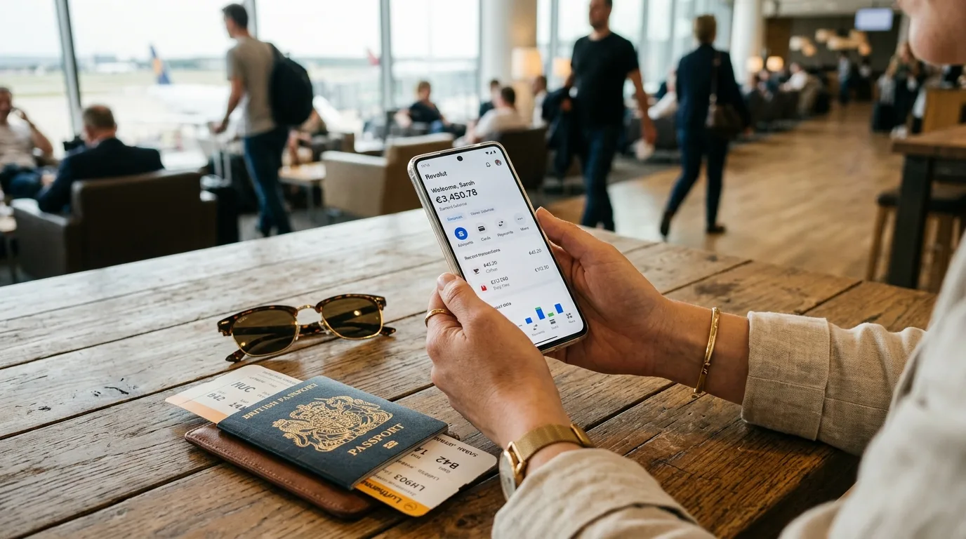 Viajante verificando saldo em dólar digital no celular no aeroporto