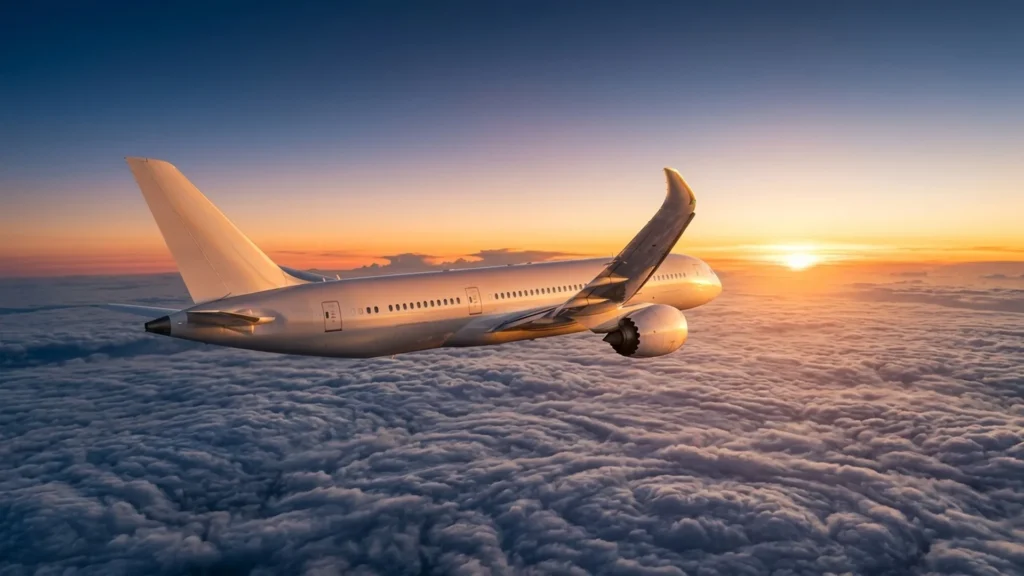 Avião comercial de passageiros sobrevoando nuvens em rota internacional