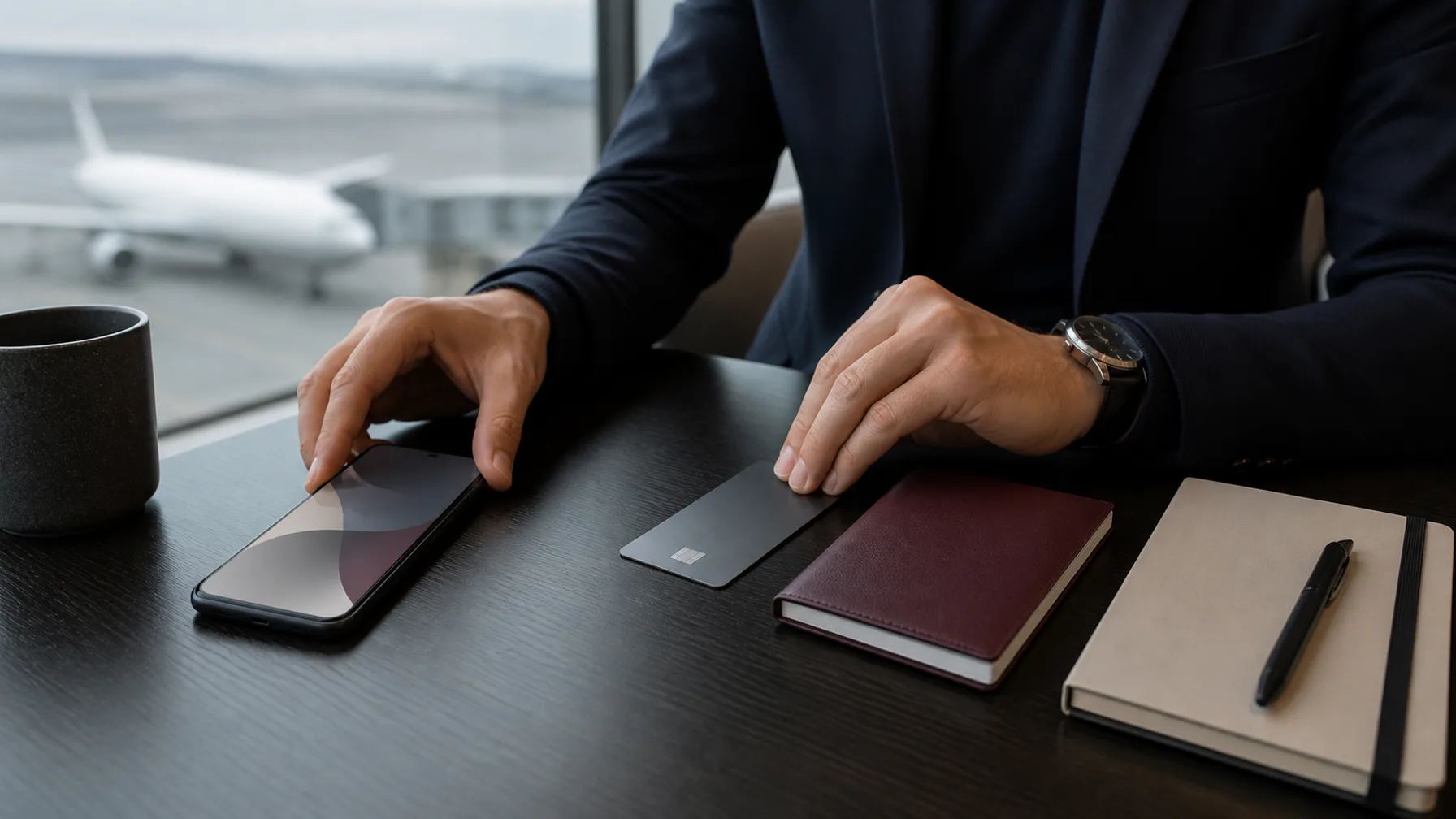 Viajante compara cartão, celular e benefícios bancários antes de uma viagem