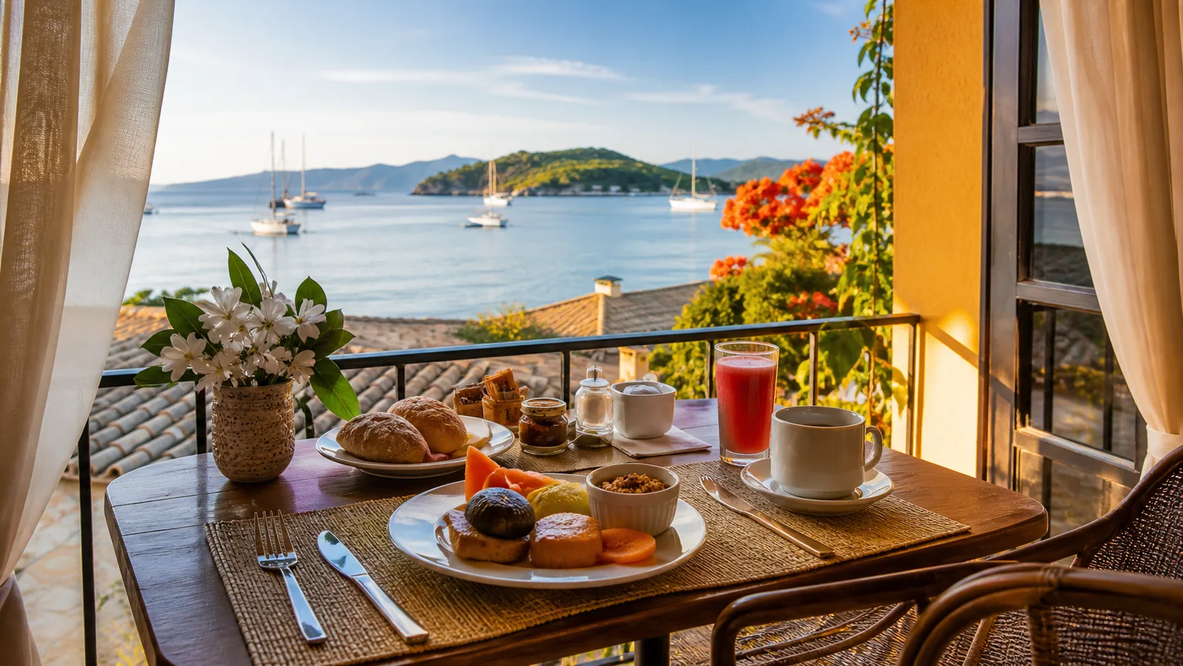 Café da manhã do Hotel Vila D’Este com vista para o mar em Búzios