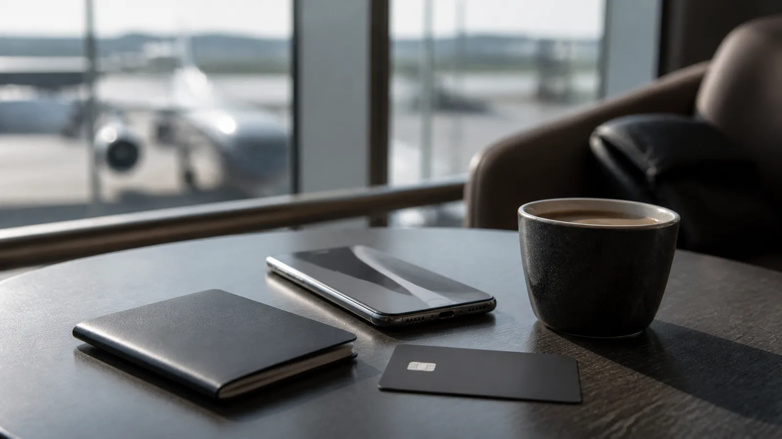 Cartão premium genérico, celular, café e porta-passaporte sobre mesa de sala VIP de aeroporto