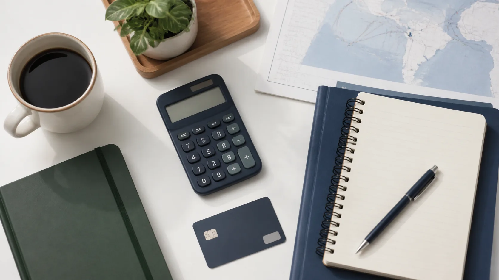 Calculadora, cartão sem marca, caderno e mapa representam a comparação de custos de um cartão de milhas