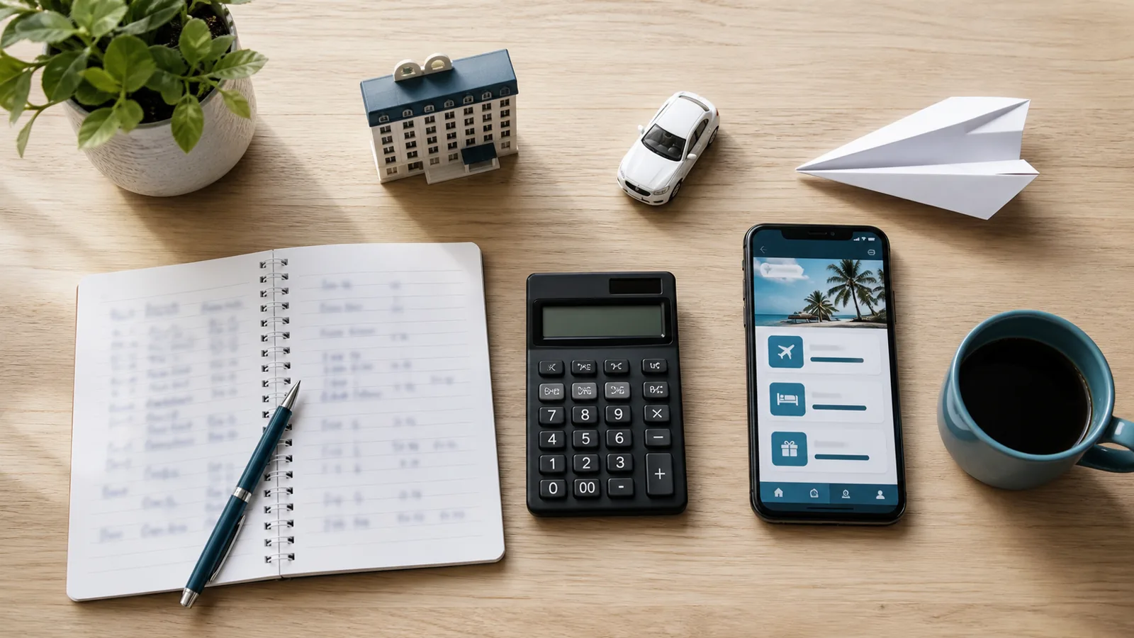 Calculadora, celular, caderno, miniatura de hotel e carro usados para calcular o valor dos pontos em uma viagem