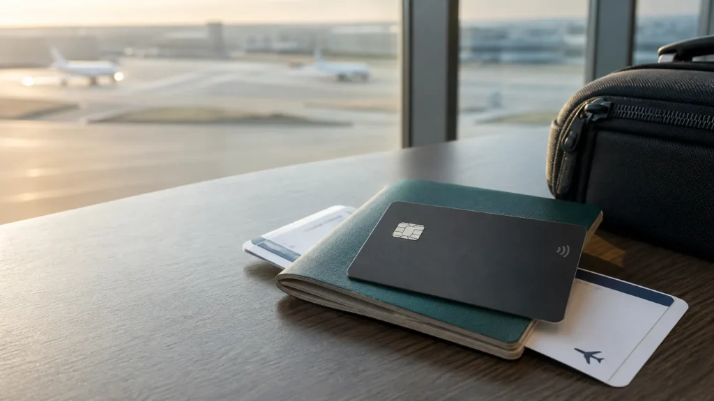 Cartão sem marca sobre passaporte e cartão de embarque em uma mesa de aeroporto