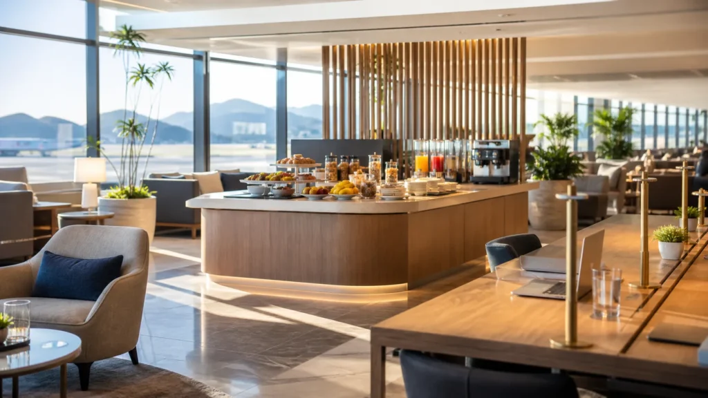 Interior de uma sala VIP moderna no Aeroporto Santos Dumont, com buffet, poltronas e mesas de trabalho