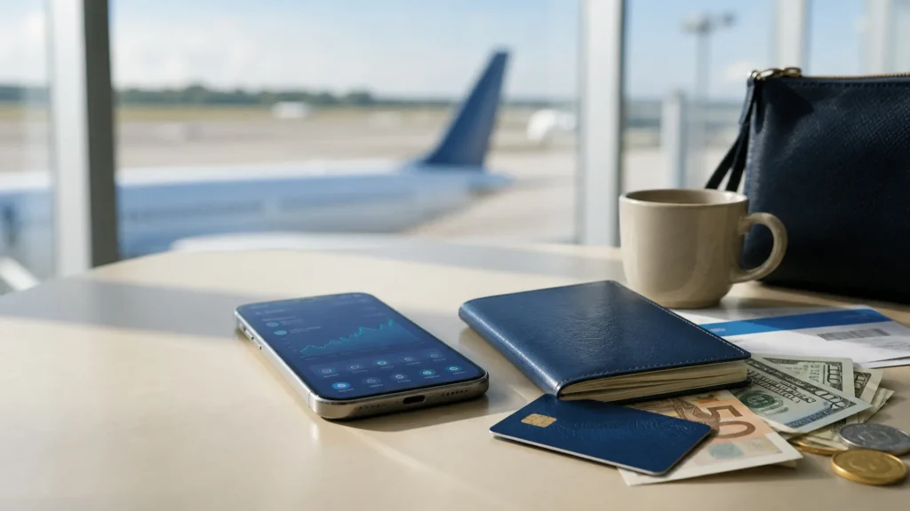 Nomad Smiles: celular, passaporte e moedas estrangeiras em aeroporto