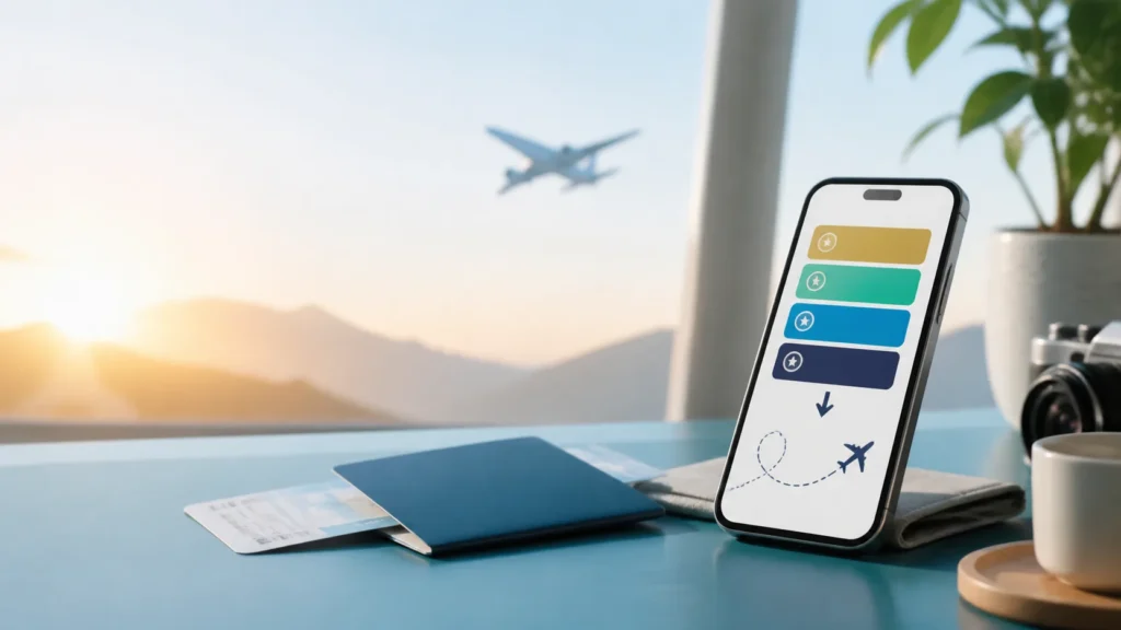 Mesa de planejamento de viagem com passaporte, celular exibindo pontos e avião ao fundo