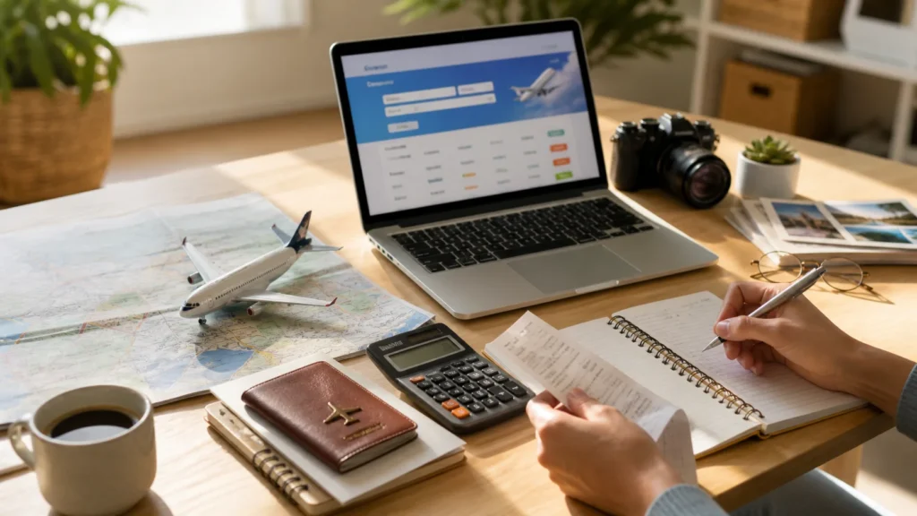 Mesa com notebook, passaporte e orçamento para planejar uma viagem barata