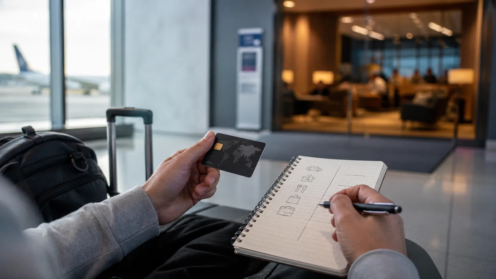 Viajante comparando um cartão premium com seu orçamento diante de uma sala VIP
