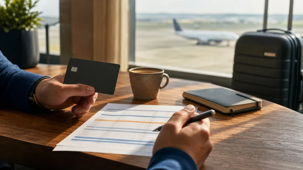 Viajante analisa o orçamento ao lado de um cartão genérico em uma mesa com vista para o aeroporto