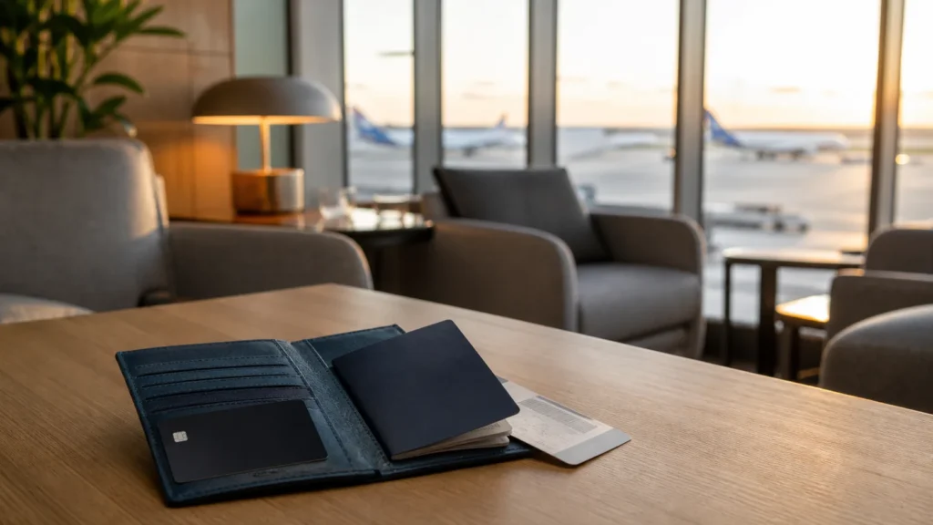 Cartão genérico e documentos de viagem em uma sala VIP de aeroporto