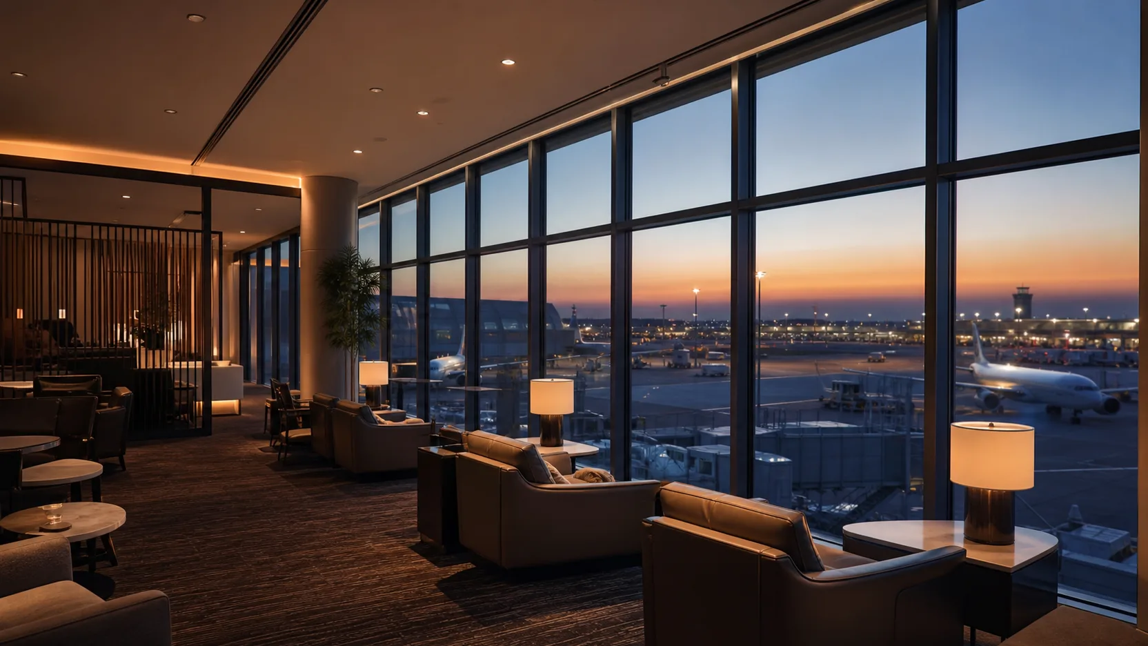 Sala VIP de aeroporto ao entardecer