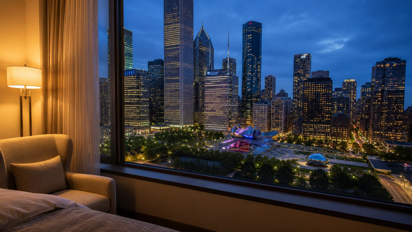 Vista noturna de Chicago e do Millennium Park a partir de um quarto de hotel
