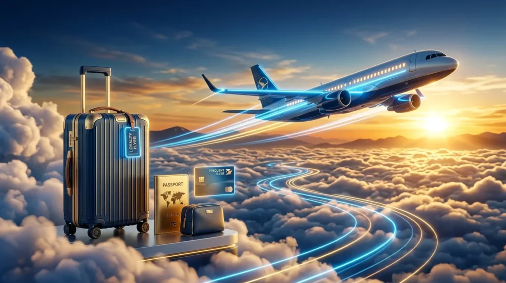 Avião voando ao entardecer com mala e conceito de milhas aéreas
