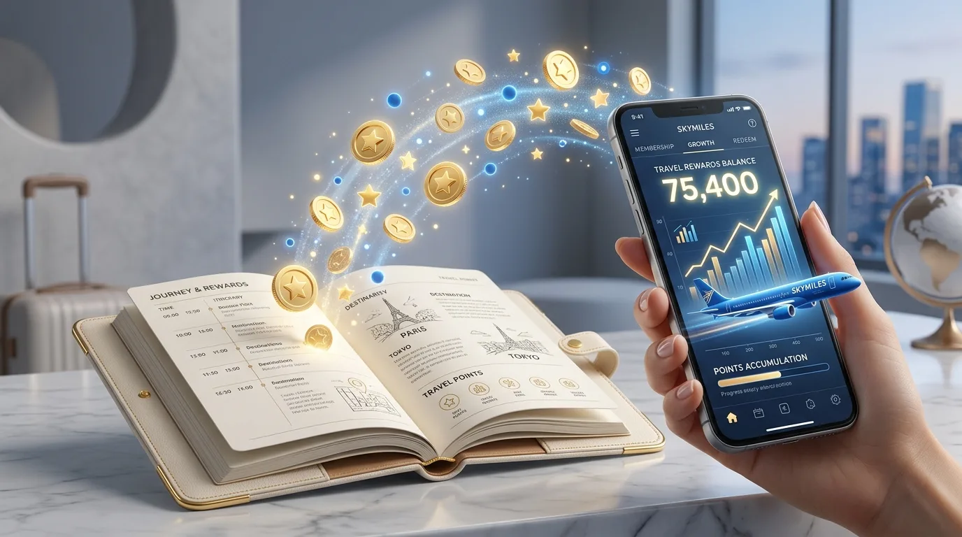 Smartphone com aplicativo de milhas e moedas douradas flutuando