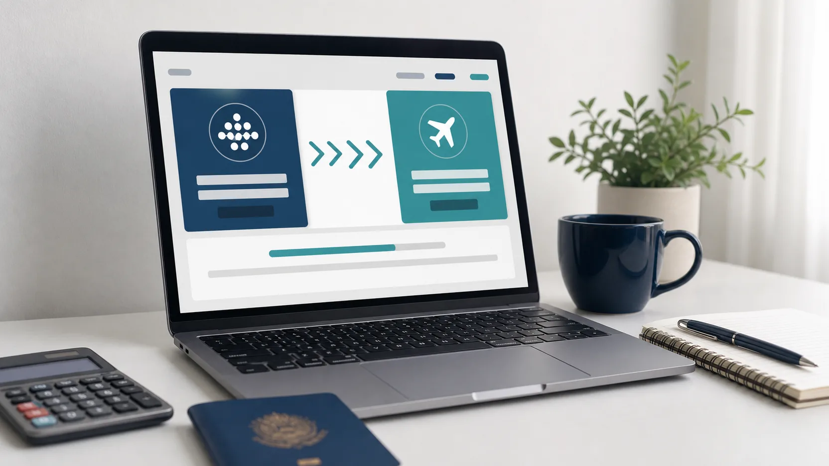 Notebook com fluxo visual de transferência de pontos para um programa de milhas