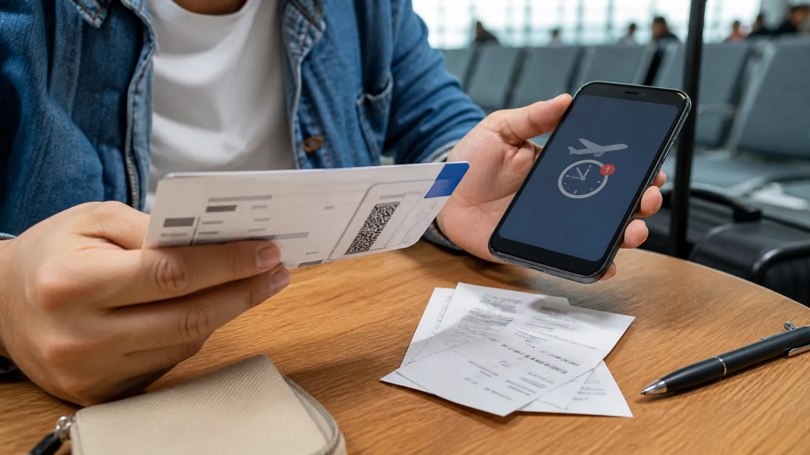 Passageiro reúne cartão de embarque, celular e comprovantes para documentar um atraso de voo