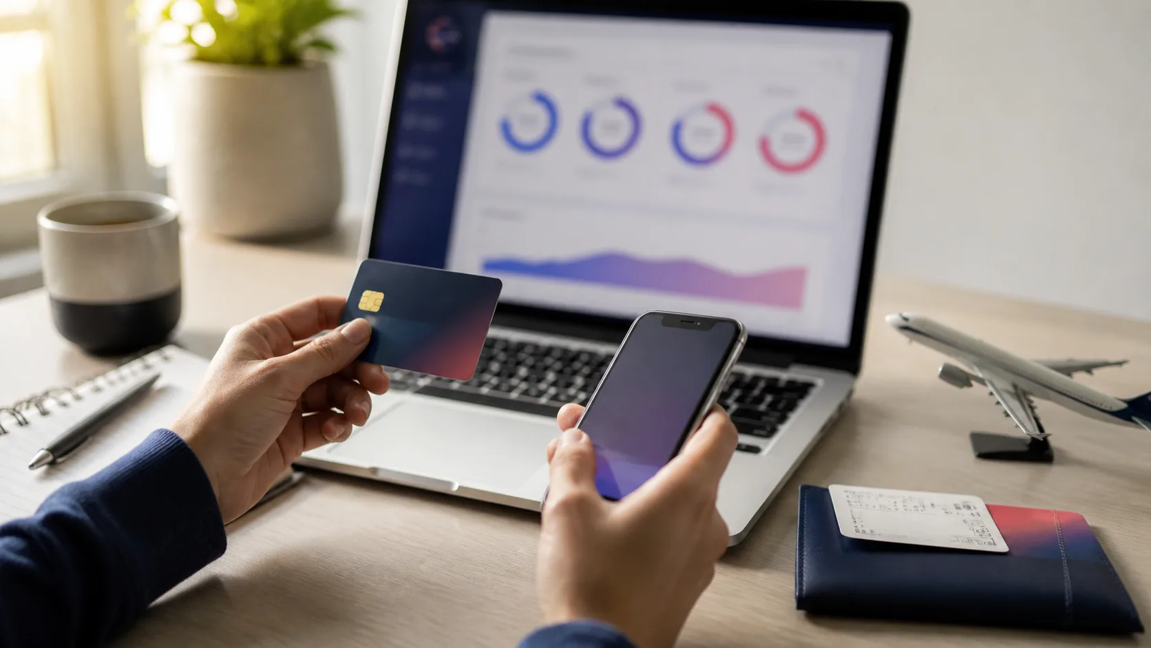 Pessoa organizando pontos do cartão em uma mesa com celular, computador e avião em miniatura