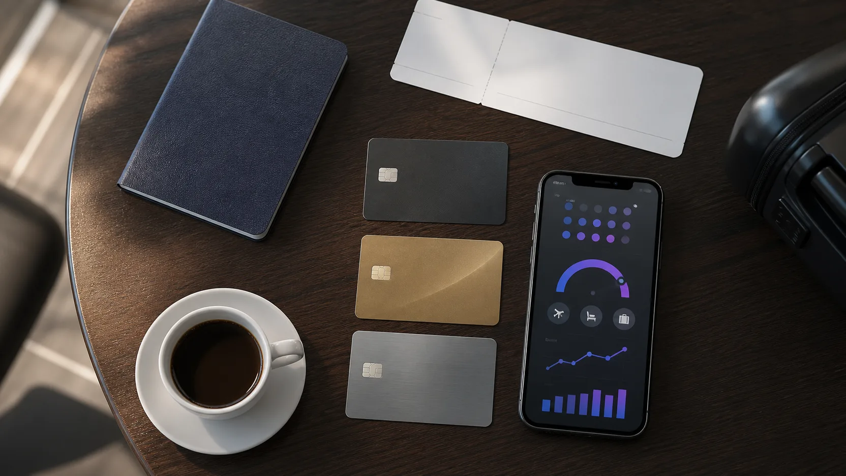 Cartões premium genéricos sobre mesa com passaporte e celular para comparação de benefícios