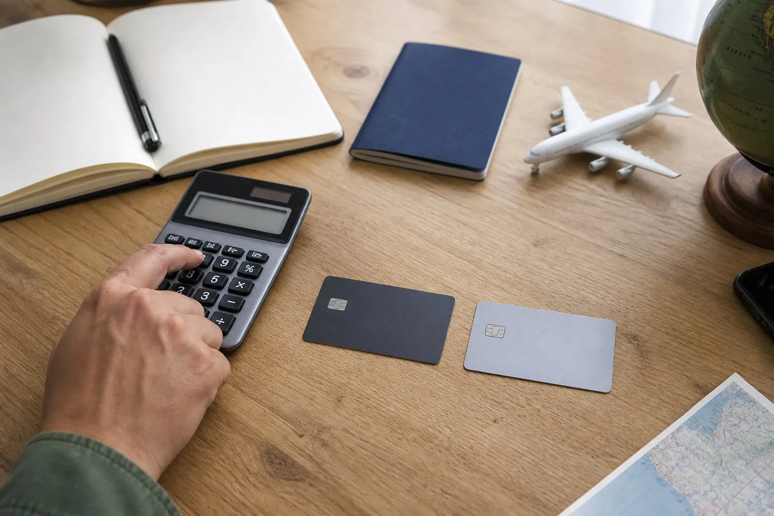 Dois cartões genéricos ao lado de calculadora, caderno e miniatura de avião sobre uma mesa