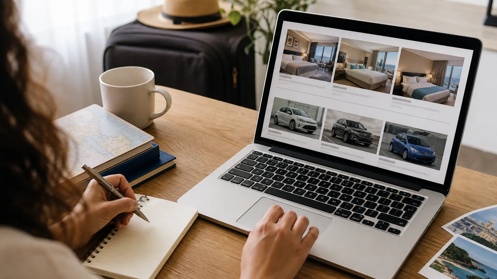 Pessoa compara no notebook opções de hotéis e carros antes de fazer uma reserva com pontos Azul