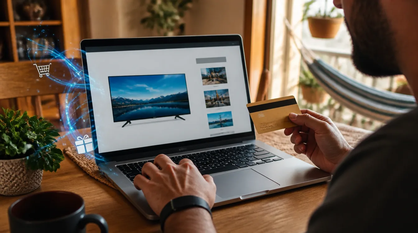 Pessoa faz compra online de televisão e segura cartão, com ilustração de pontos ao lado