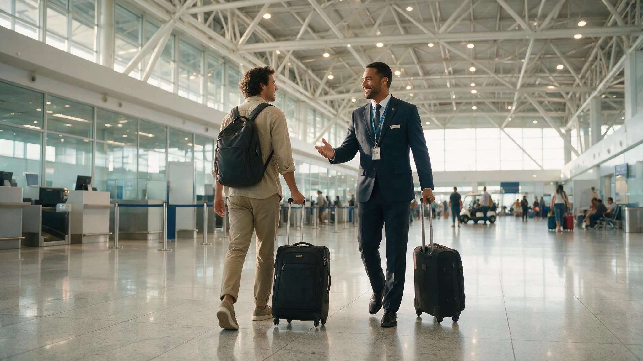 Profissional acompanha passageiro durante o embarque no aeroporto
