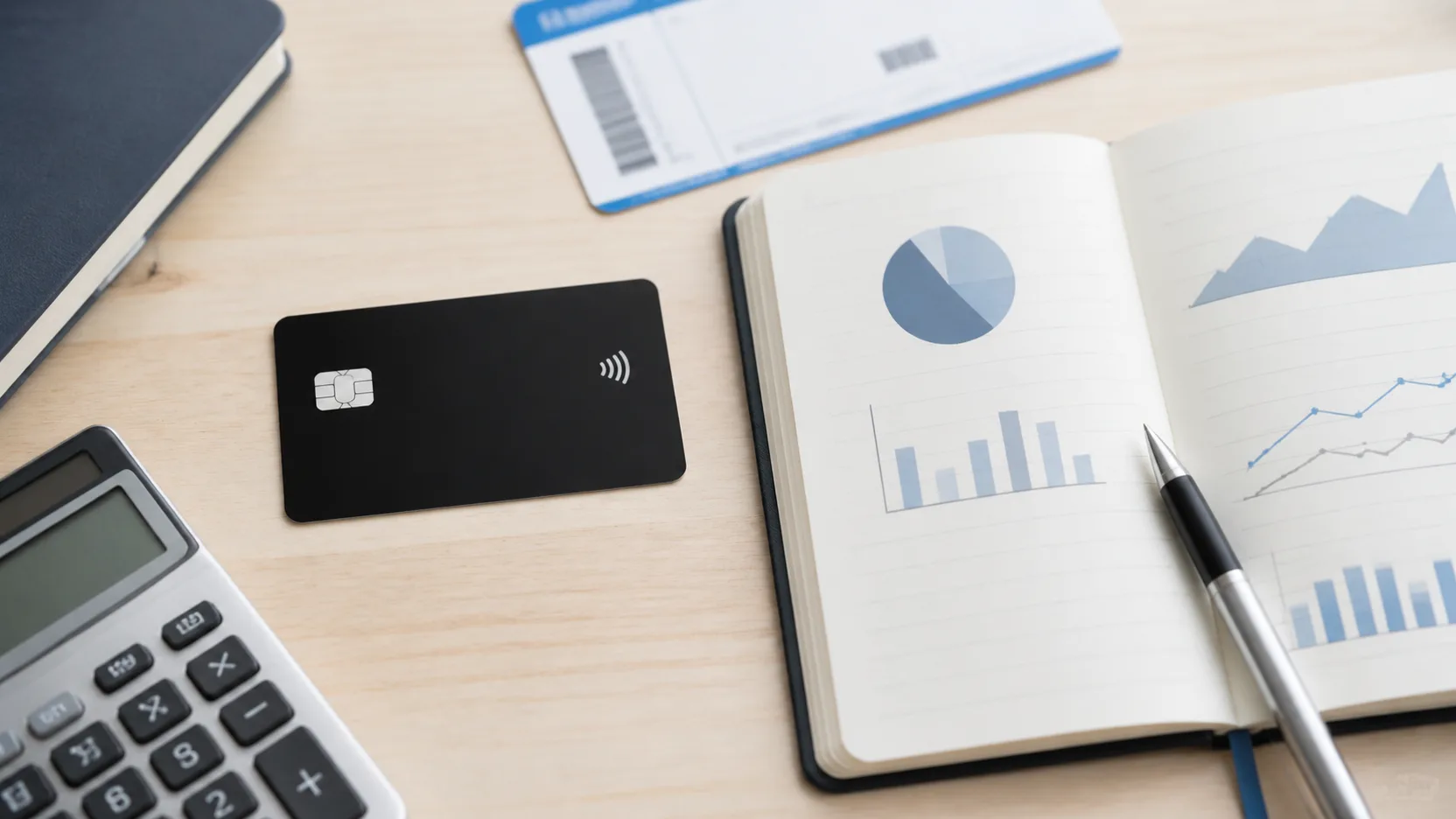 Cartão sem marca ao lado de calculadora e caderno para comparar custos de sala VIP