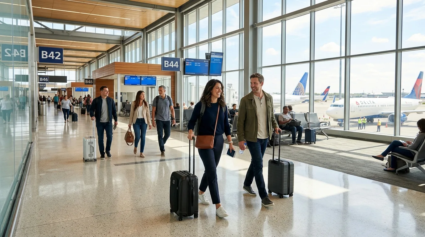 Viajantes com malas de mao em terminal de aeroporto moderno