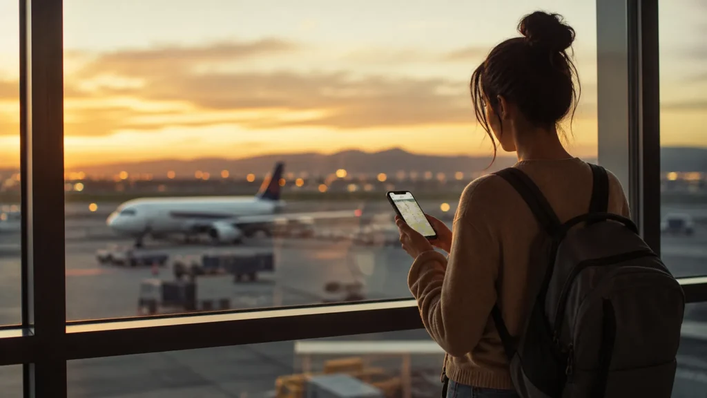 Viajante no aeroporto usando celular com dados móveis em viagem internacional