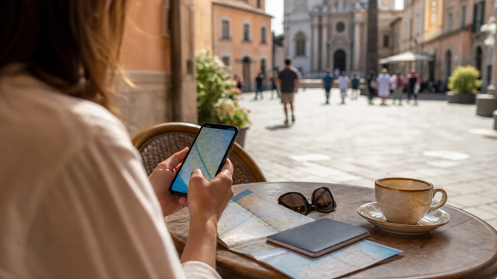 Viajante consulta mapa no celular em uma viagem internacional usando eSIM