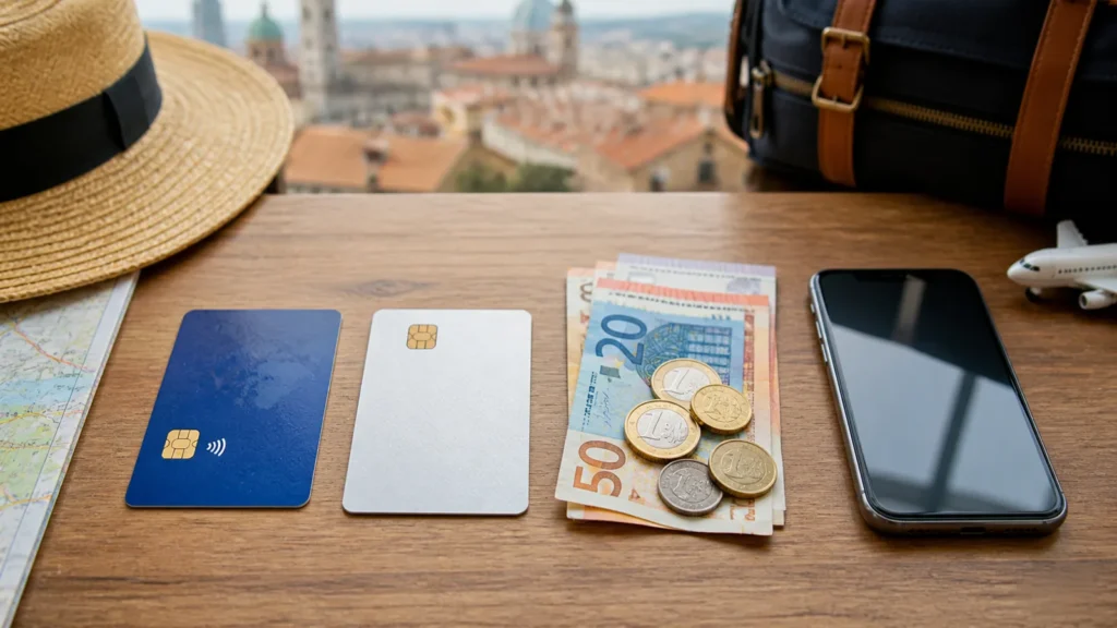 Imagem editorial sobre cartões de crédito e planejamento de viagens