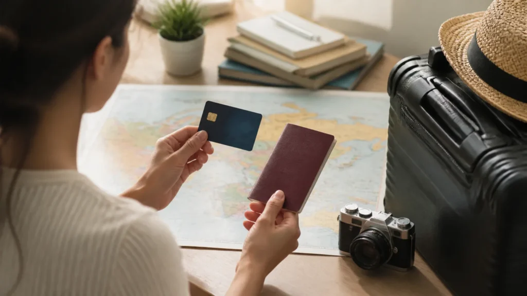 Imagem editorial sobre cartões de crédito e planejamento de viagens