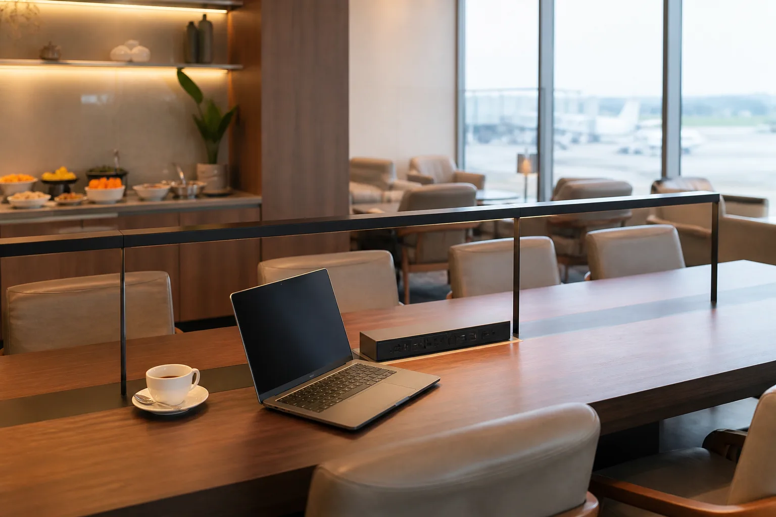 Mesa de trabalho com notebook e café em uma sala VIP de aeroporto