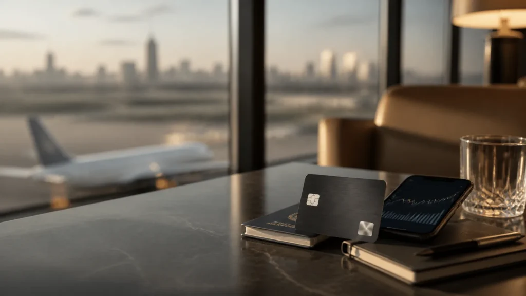 Cartão premium ao lado de passaporte e celular em uma sala de aeroporto