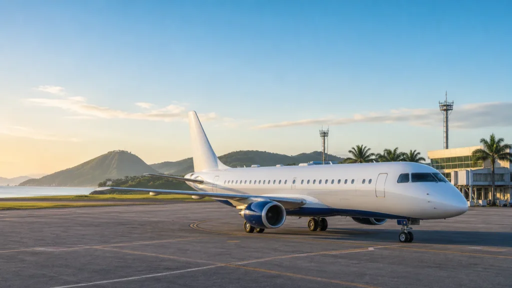 Avião regional em pista de aeroporto, imagem ilustrativa da nova ligação entre Macaé e Guarulhos