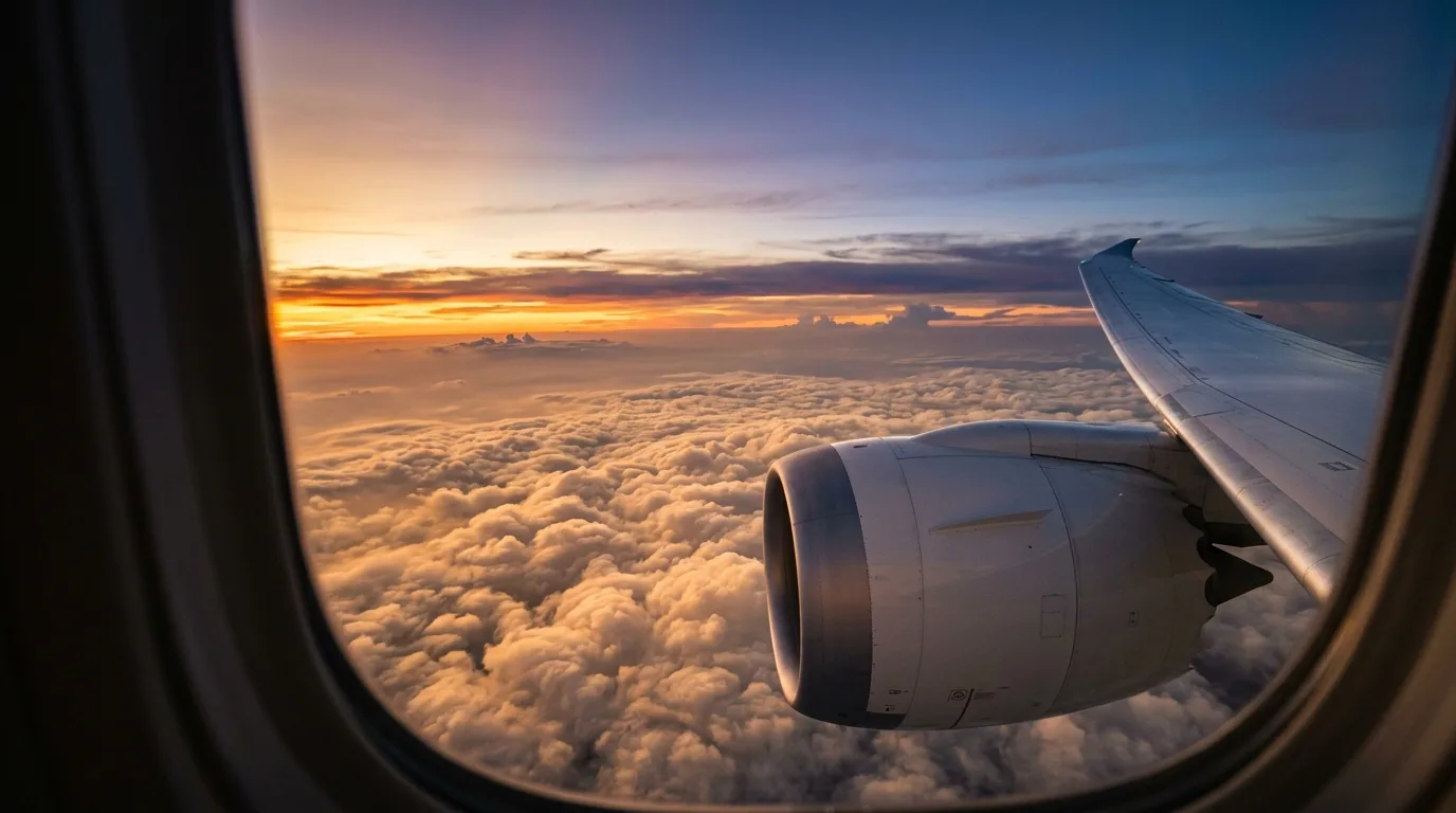 Vista da janela do avião sobre nuvens douradas no pôr do sol
