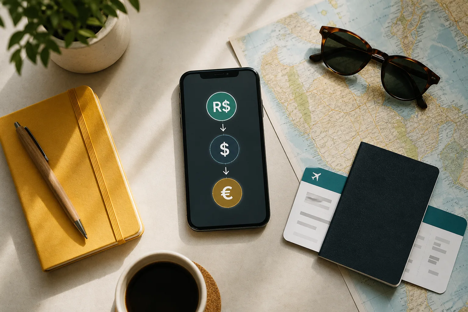 Planejamento de viagem com conversão de reais para dólares e euros