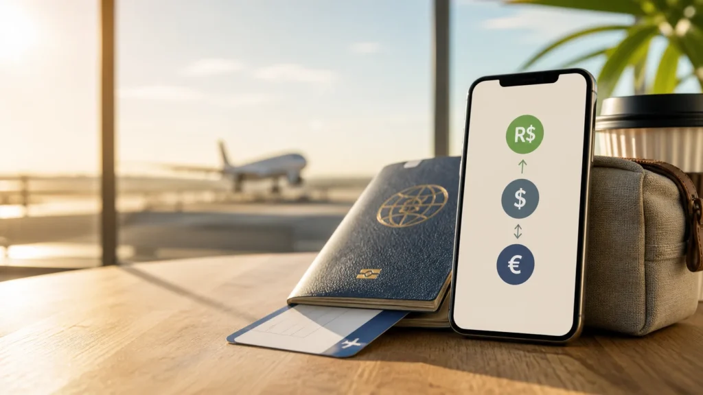 Celular com conversão de reais para dólares e euros em aeroporto