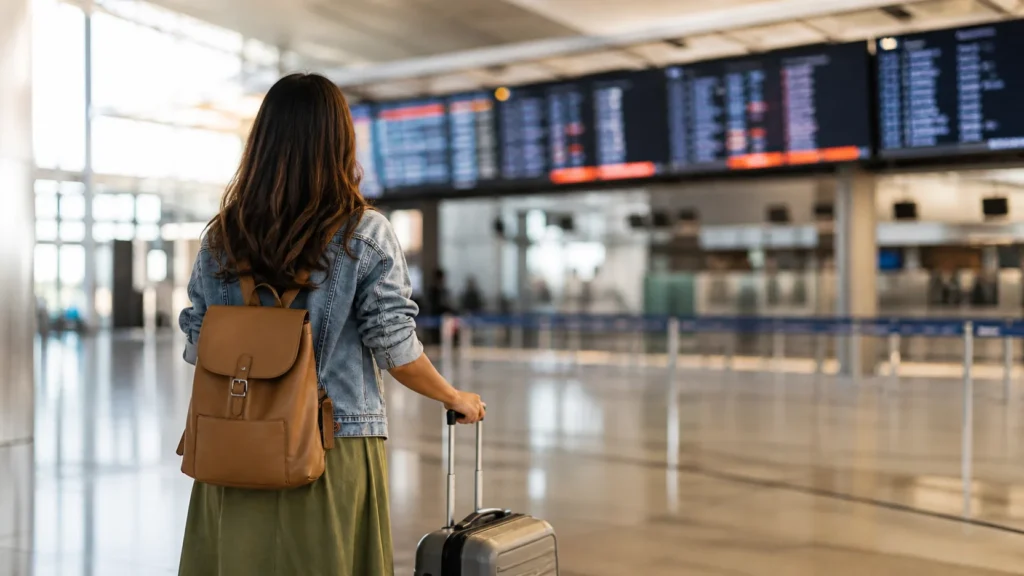 Passageira diante do painel de voos em aeroporto, representando atraso de voo e a nova regra da Anac