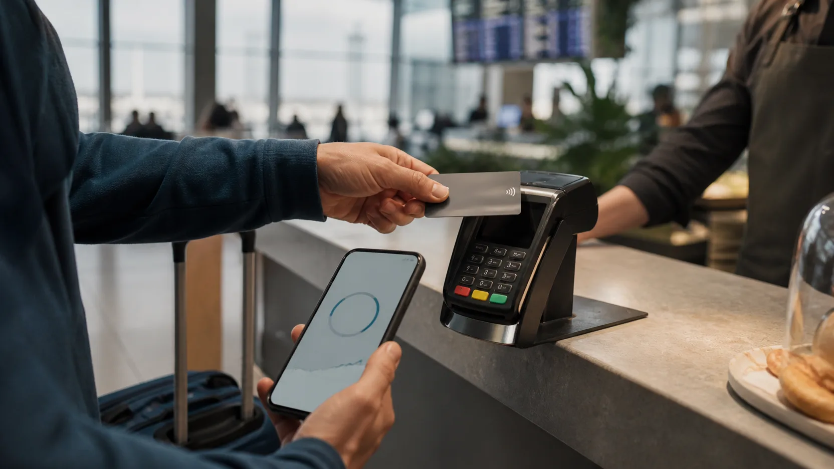 Viajante fazendo pagamento por aproximação com cartão durante uma viagem internacional