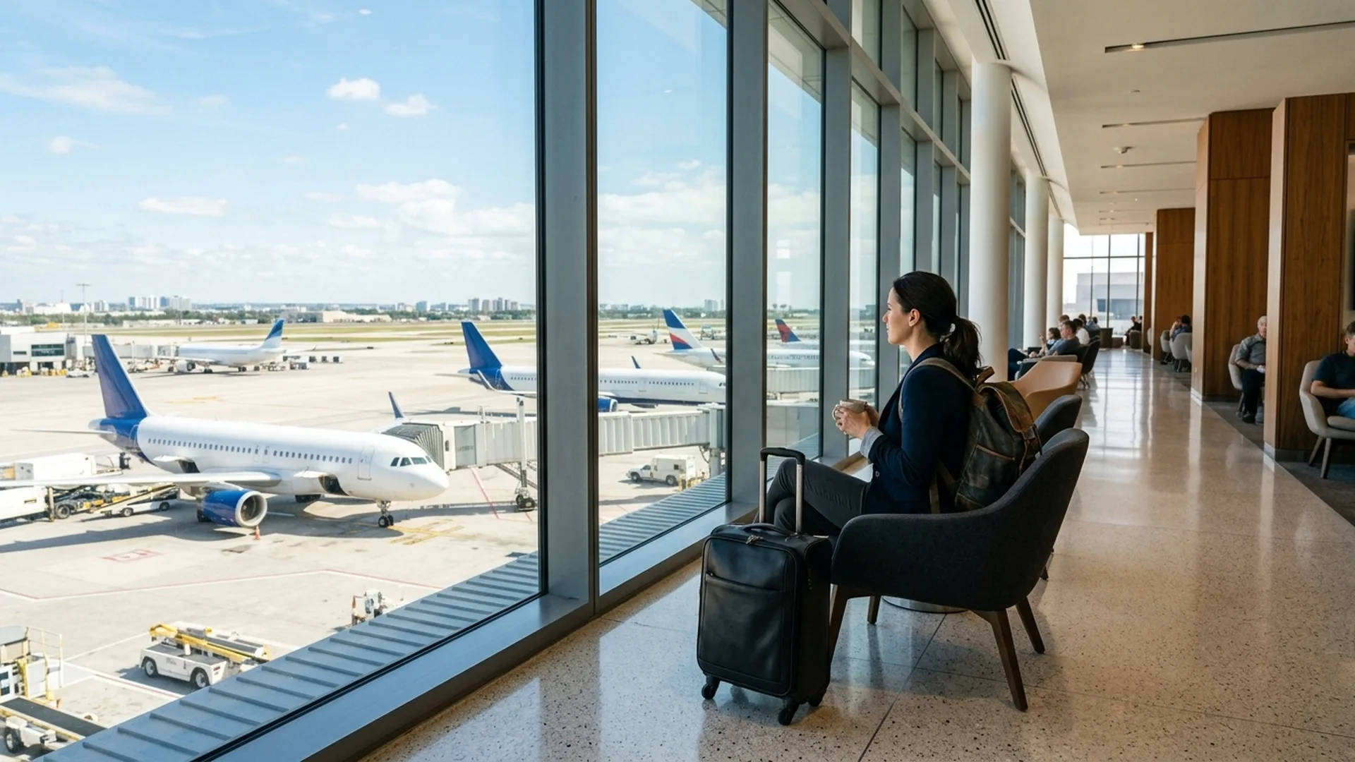 Passageiro sentado em saguão de aeroporto observando aviões na pista através de grandes janelas de vidro