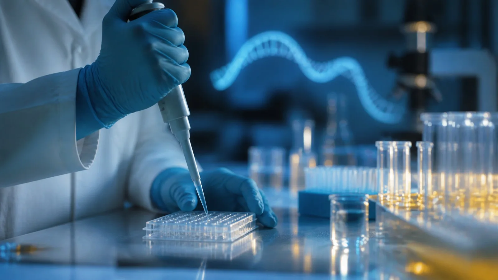 Pesquisador usa micropipeta em laboratório durante pesquisa com RNA para doenças priônicas