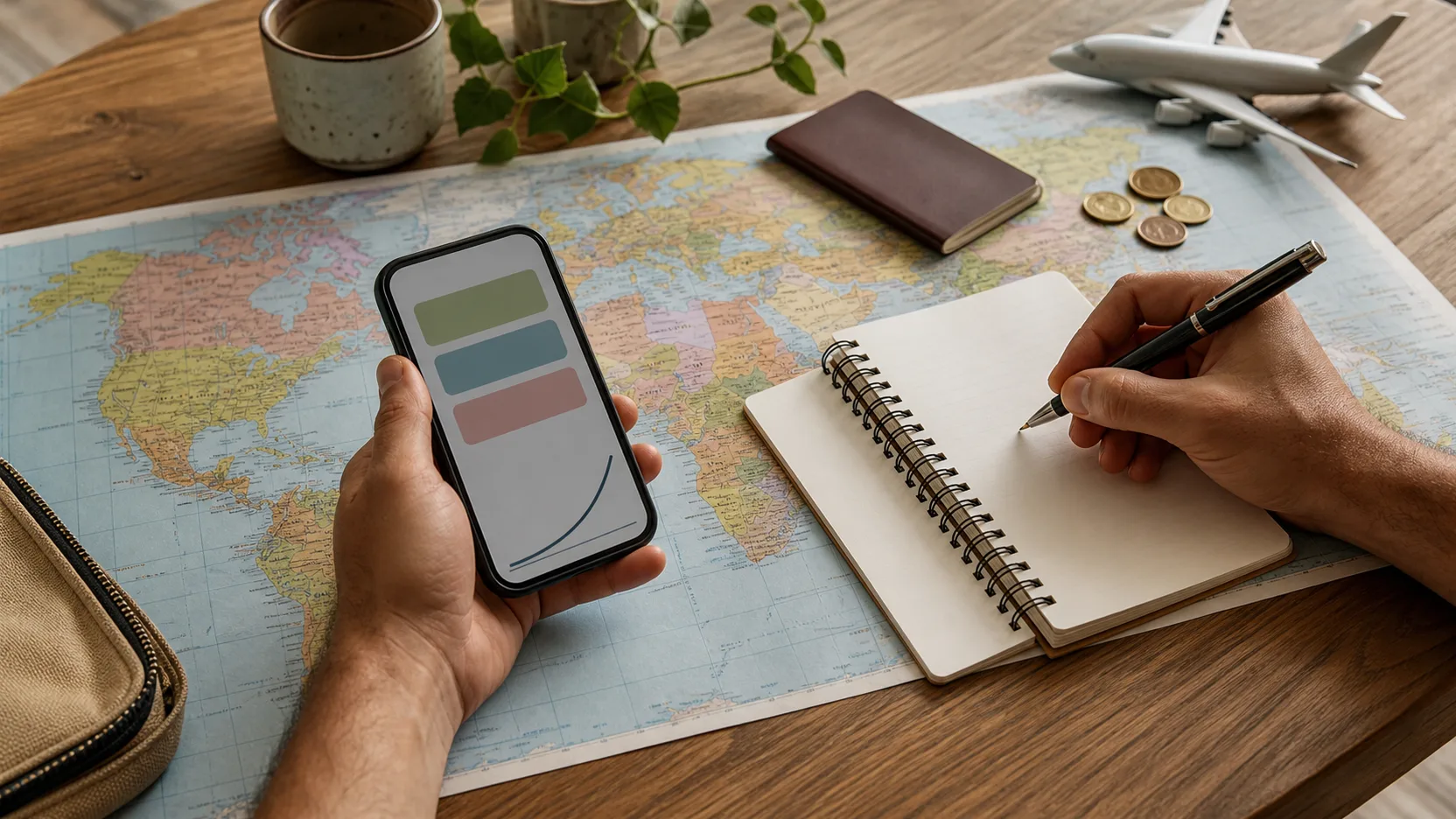 Viajante planejando no celular quanto guardar em moeda estrangeira para uma viagem internacional