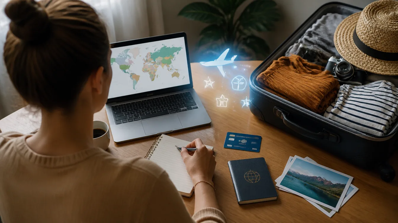 Viajante planeja uma viagem em notebook ao lado de mala aberta