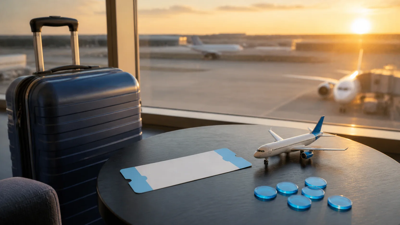 Mala, avião em miniatura e fichas azuis representando pontos para planejar uma viagem